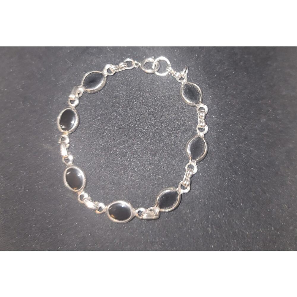 Silver Tone and Black Onyx Fashion Bracelet